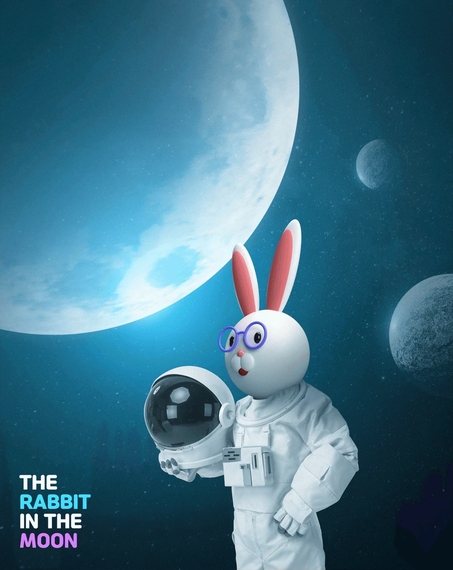 卡通趣味兔年宇航员宇宙星球兔子主视觉KV海报PSD分层设计素材【009】